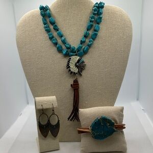 Turquoise Beaded Necklace Set with Earrings and Bracelet